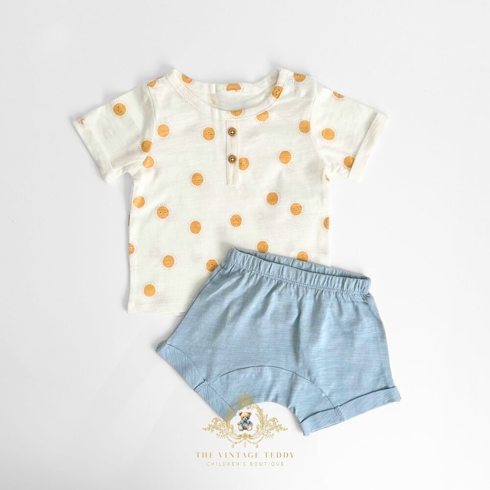 NWT Cute Unisex Baby Top & Shorts 2 Piece Matching Set Happy Little Sun 18M